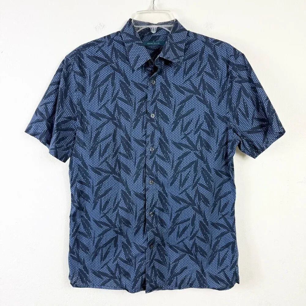 Perry Ellis Navy Blue Geometric Leaf Pattern Short Sleeve Button Up Shirt Size S